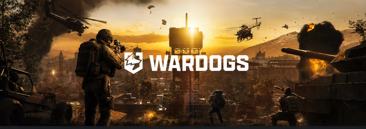 WARDOGS battlefield at sunset with infantry, helicopters, and a tank